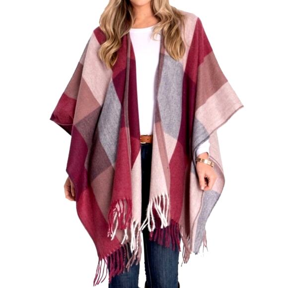 Woolrich Ruana Color block Shawl Poncho Cape Burgundy Gray Rose One Size - Picture 1 of 14